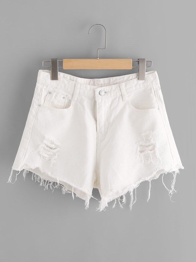 Destroyed Fray Hem Denim Shorts-bottom-Des Mess