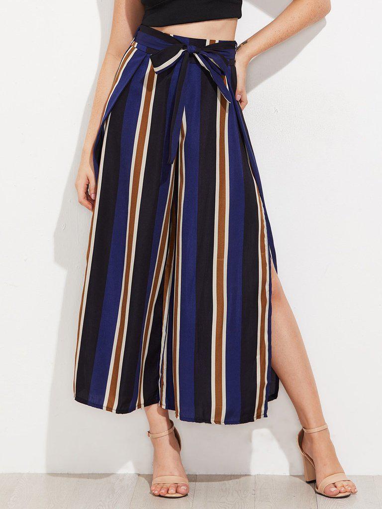 Vertical Striped Split Side Wide Leg Pants-bottom-Des Mess