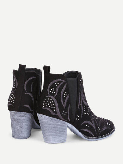 Embroidery Detail Block Heeled Ankle Boots-shoes-Des Mess