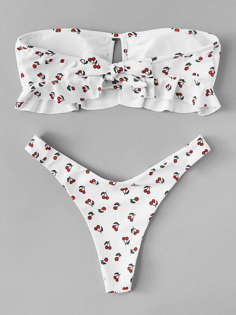 Cherry Print Knot Front Ruffle Bandeau Bikini Set-swimwear-Des Mess