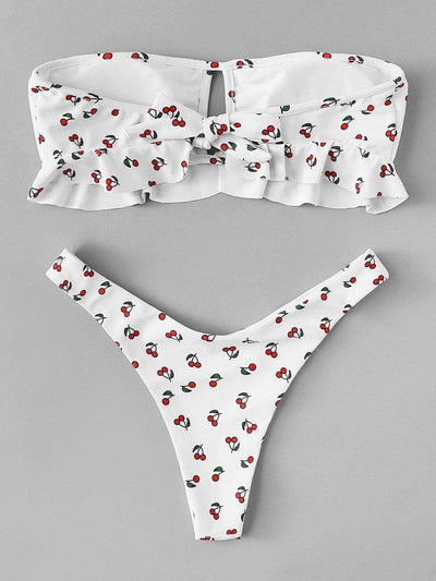 Cherry Print Knot Front Ruffle Bandeau Bikini Set-swimwear-Des Mess