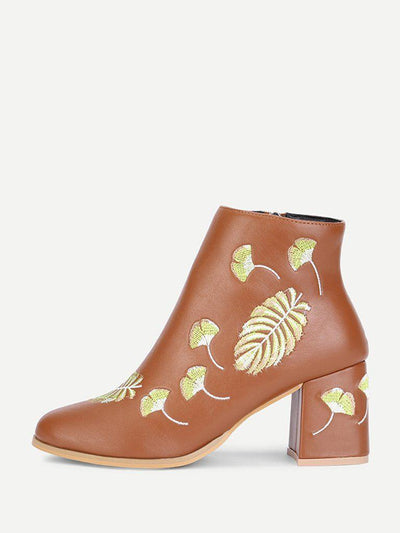 PU Leaf Embroidery Ankle Boots-shoes-Des Mess