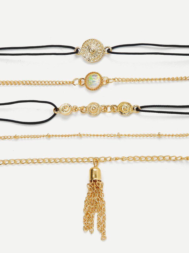 Tassel Detail Link Bracelet Set 5Pcs--Des Mess