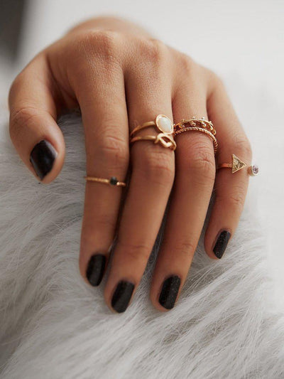 Leaf & Geometric Design Ring Set With Gemstone-jewelry-Des Mess