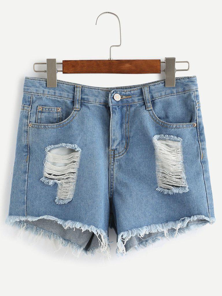 Ripped Frayed Hem Denim Shorts-bottom-Des Mess