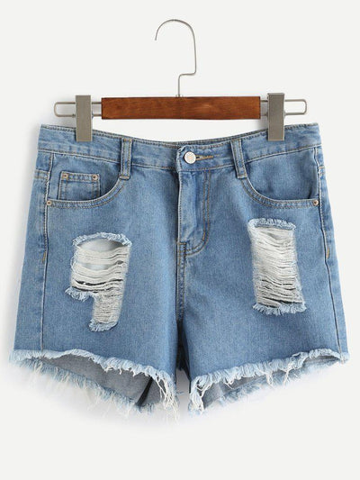 Ripped Frayed Hem Denim Shorts-bottom-Des Mess
