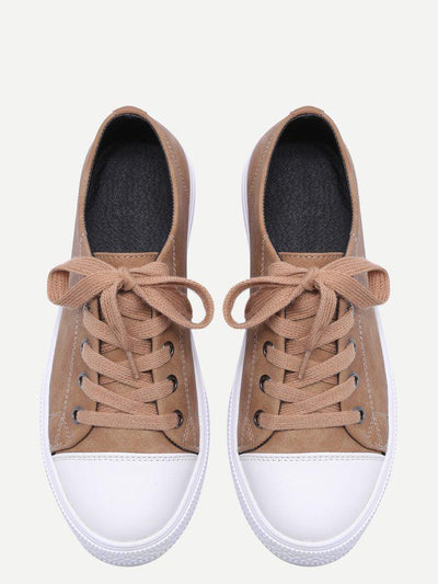 Khaki Lace Up PU Low Top Sneakers-shoes-Des Mess