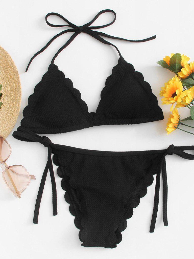 Knot Detail Scallop Trim Textured Bikini Set-swimwear-Des Mess