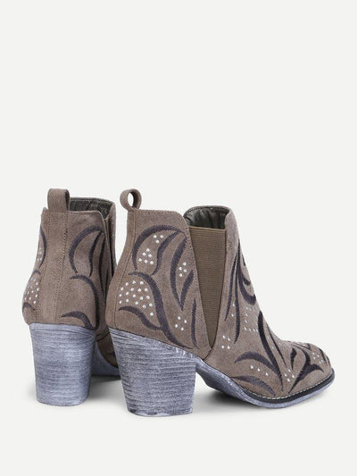 Embroidery Detail Block Heeled Ankle Boots-shoes-Des Mess