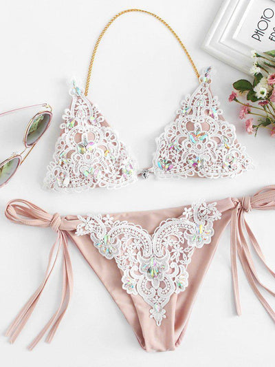 Lace Overlay Rhinestone Bikini Set--Des Mess