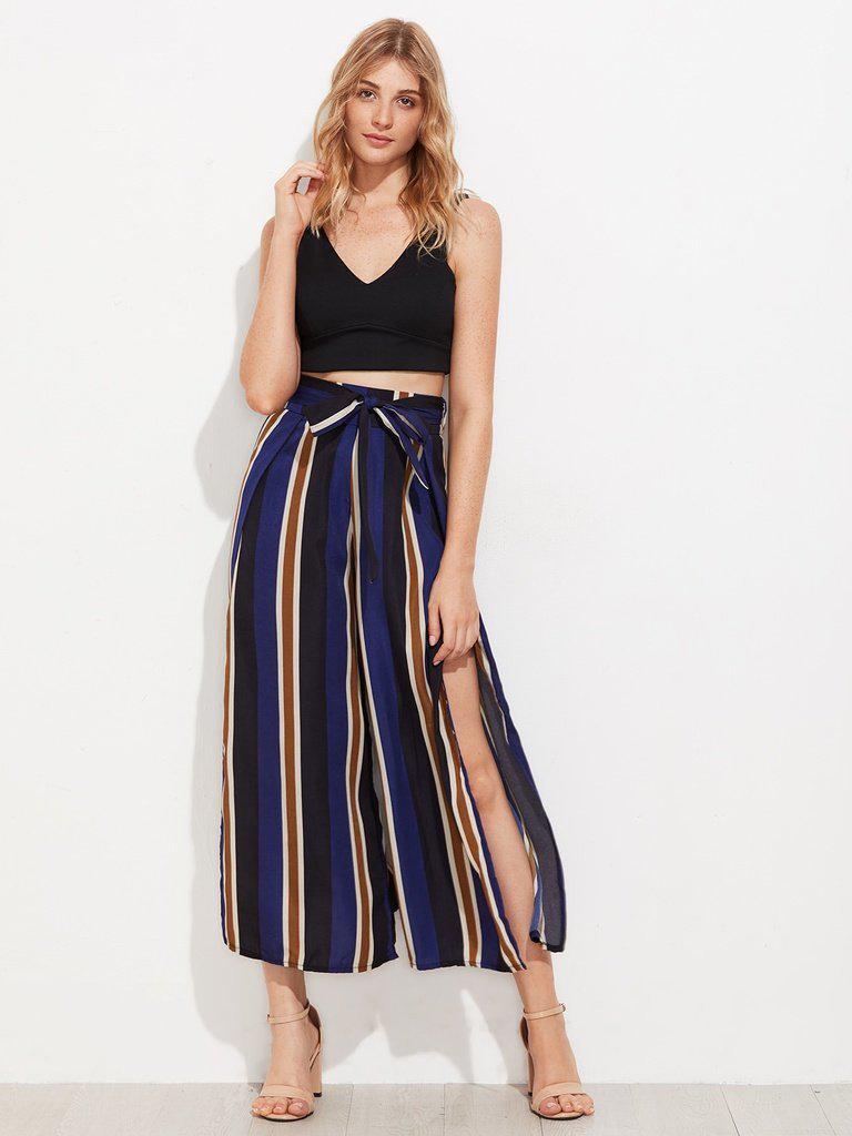 Vertical Striped Split Side Wide Leg Pants-bottom-Des Mess