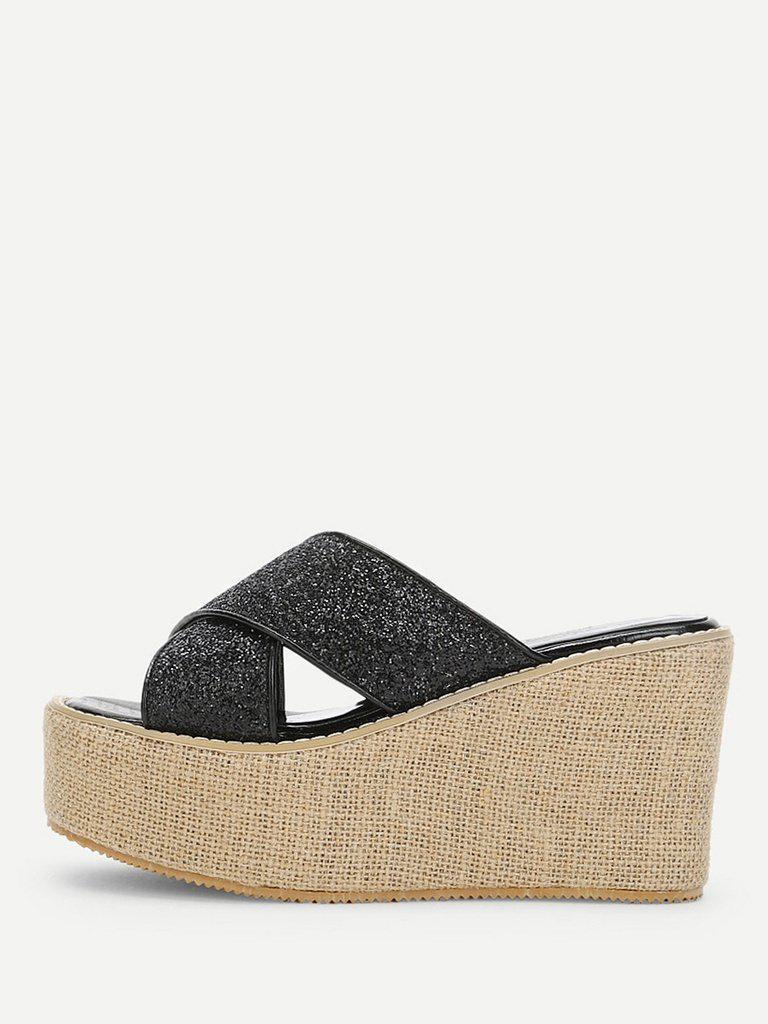 Glitter Criss Cross Design Wedge Sandals-shoes-Des Mess