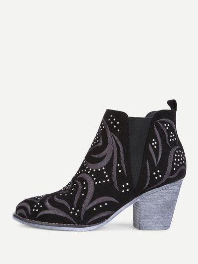 Embroidery Detail Block Heeled Ankle Boots-shoes-Des Mess