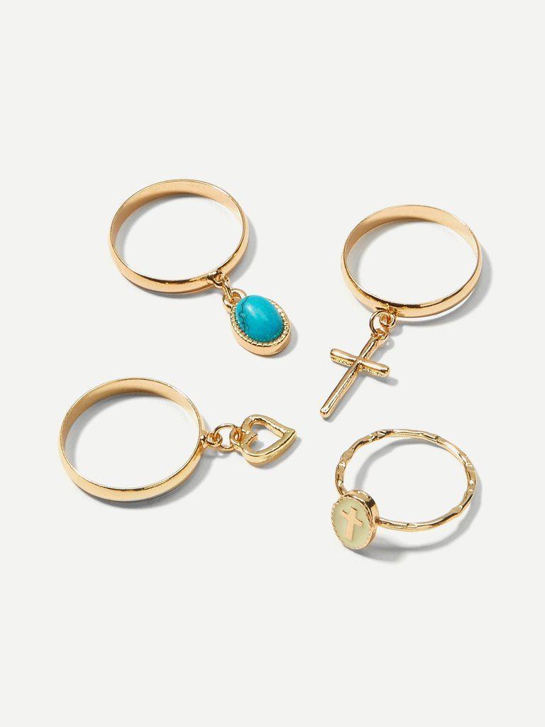 Heart & Cross Detail Rings Set 4pcs-jewelry-Des Mess