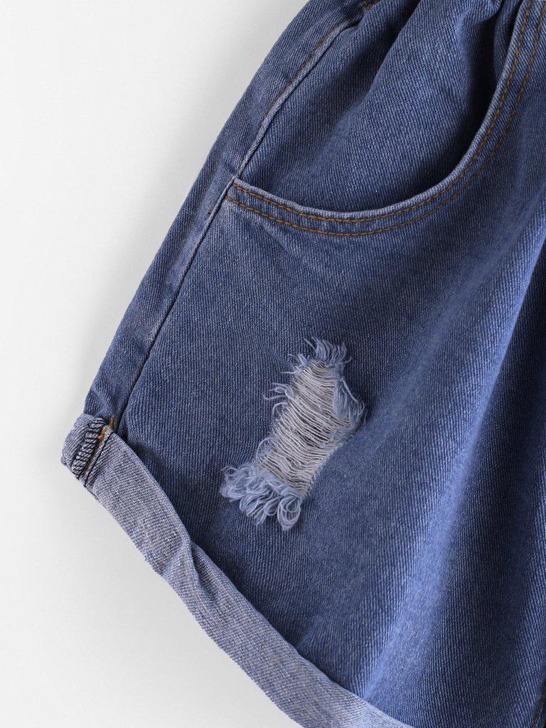 Elastic Waist Ripped Denim Shorts-bottom-Des Mess