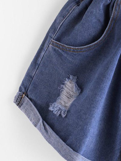 Elastic Waist Ripped Denim Shorts-bottom-Des Mess