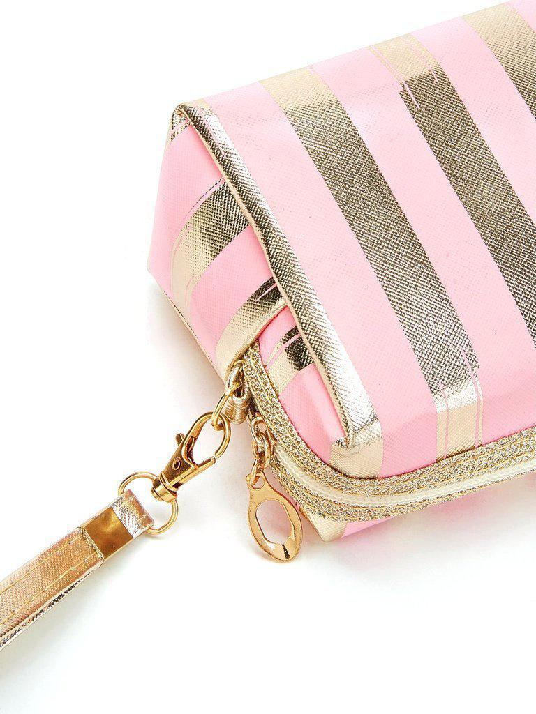 Metallic Striped Pouch With Wristlet-makeup-Des Mess