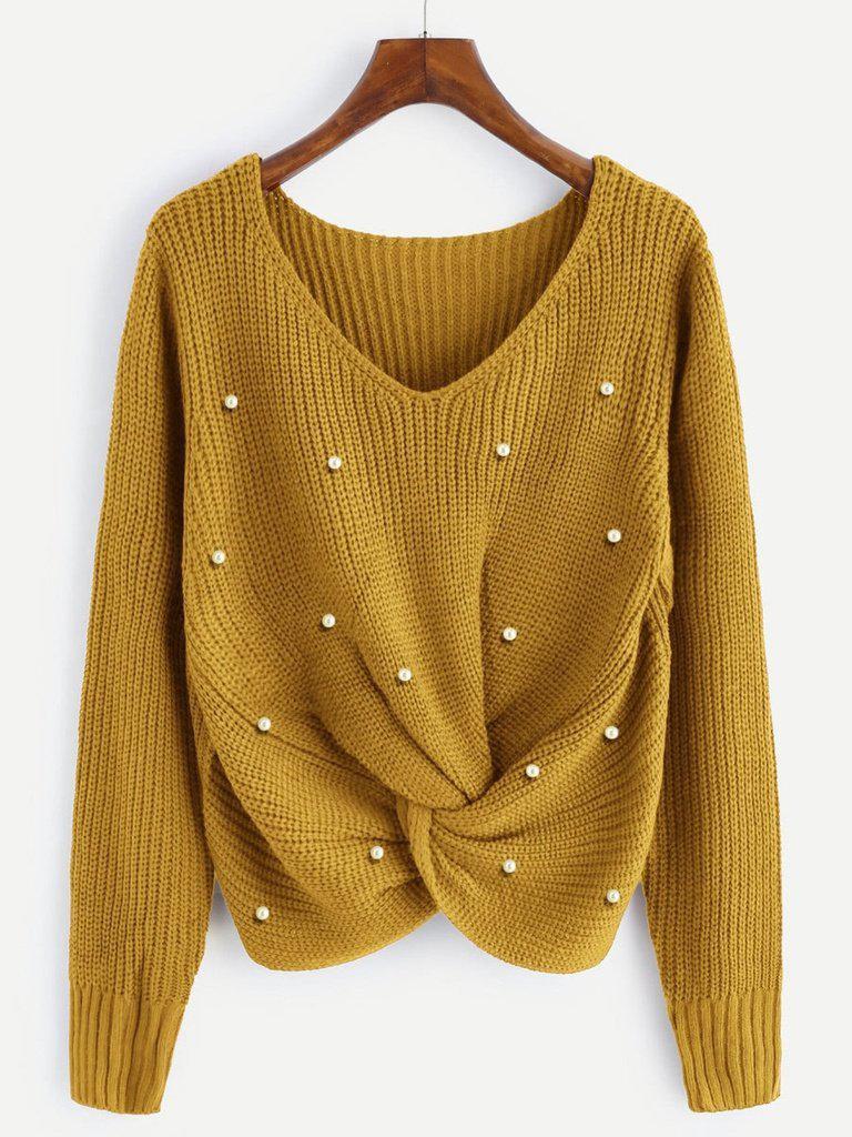 Pearl Beaded Detail Twist Sweater-outerwear-Des Mess