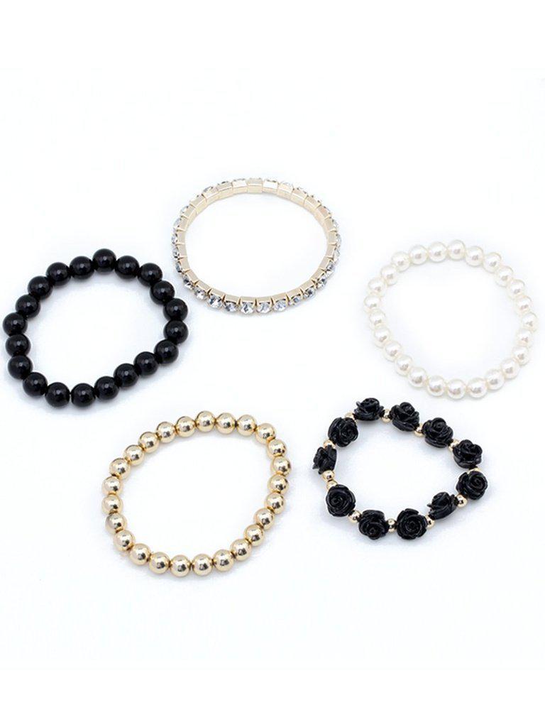 Rose Detail Rhinestone Beaded Bracelet Set 5pcs--Des Mess