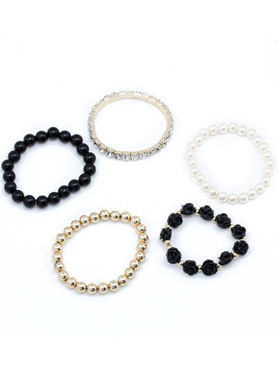 Rose Detail Rhinestone Beaded Bracelet Set 5pcs--Des Mess
