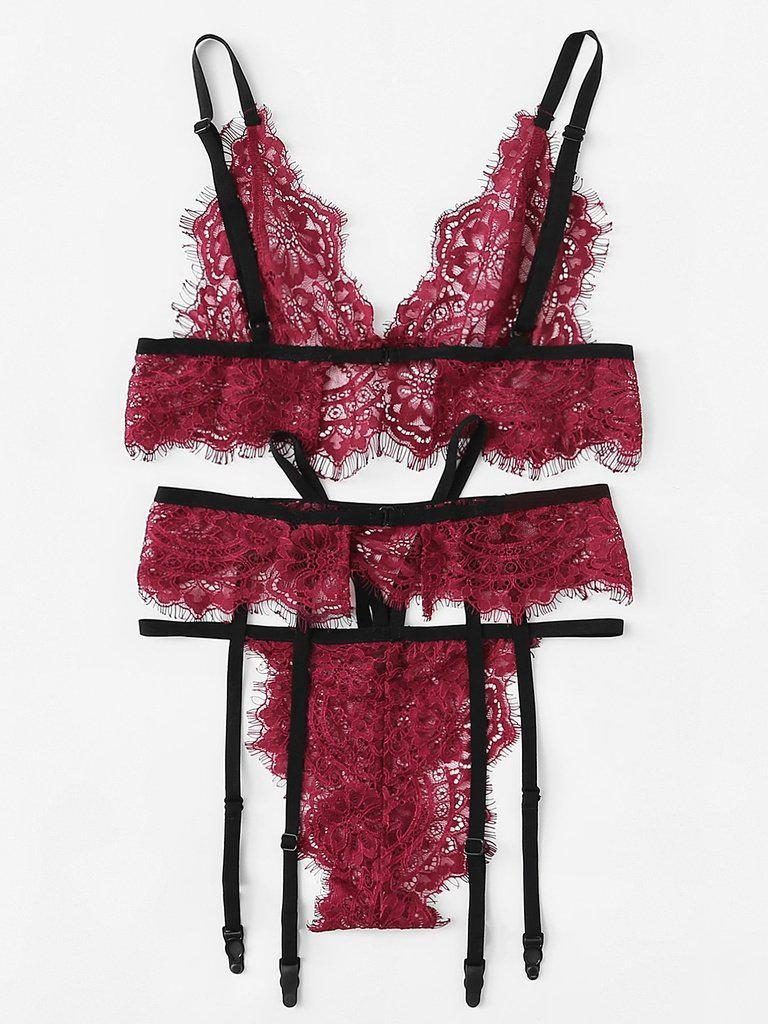 Eyelash Lace Bra And Garter Set-lingerie-Des Mess