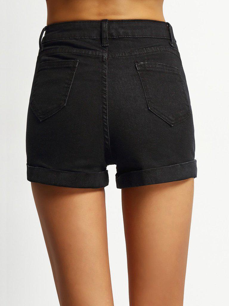 Pockets Rolled Hem Denim Shorts-bottom-Des Mess