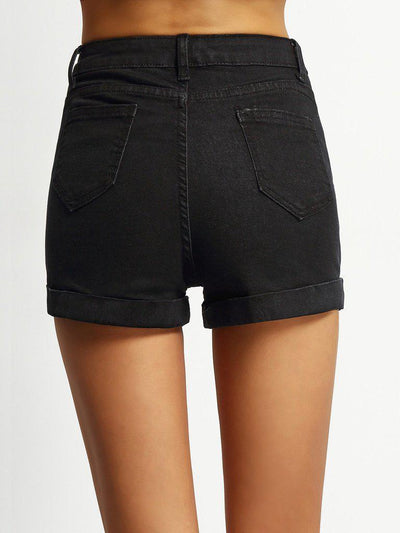 Pockets Rolled Hem Denim Shorts-bottom-Des Mess