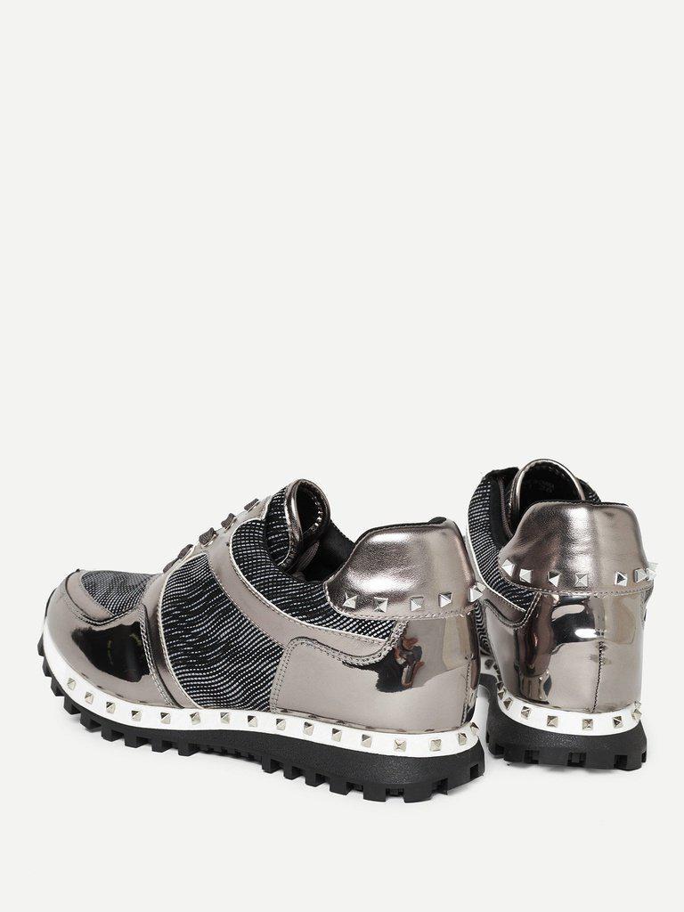 Studded Trim Metallic Panel Sneakers-shoes-Des Mess