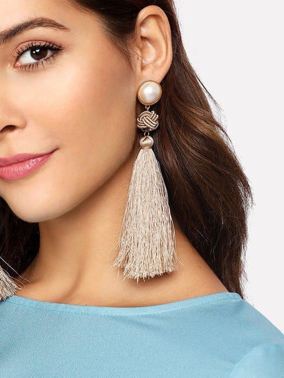 Faux Pearl Top Tassel Drop Earrings-jewelry-Des Mess