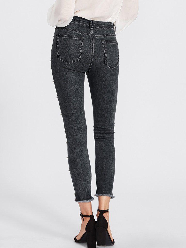 Raw Hem Faux Pearl Detail Jeans-bottom-Des Mess