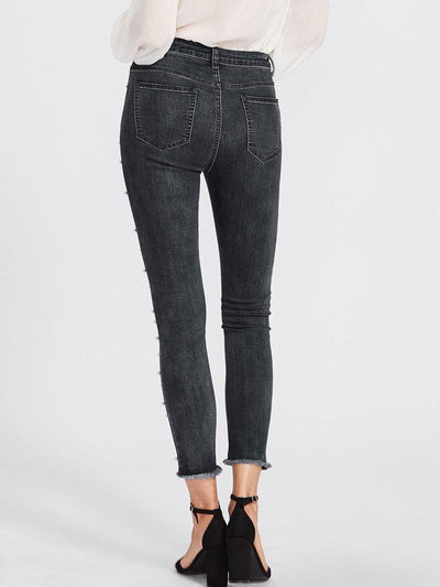 Raw Hem Faux Pearl Detail Jeans-bottom-Des Mess