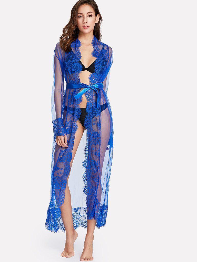 Eyelash Lace Trim Mesh Robe With Belt