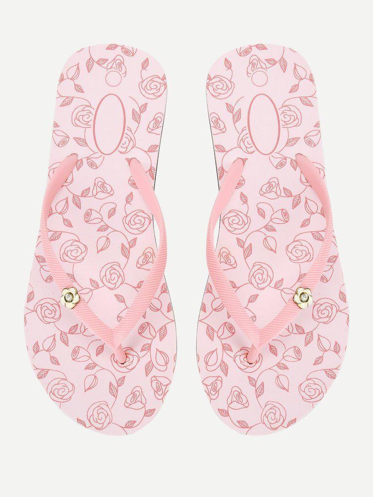 Rose Print Flip Flops-shoes-Des Mess