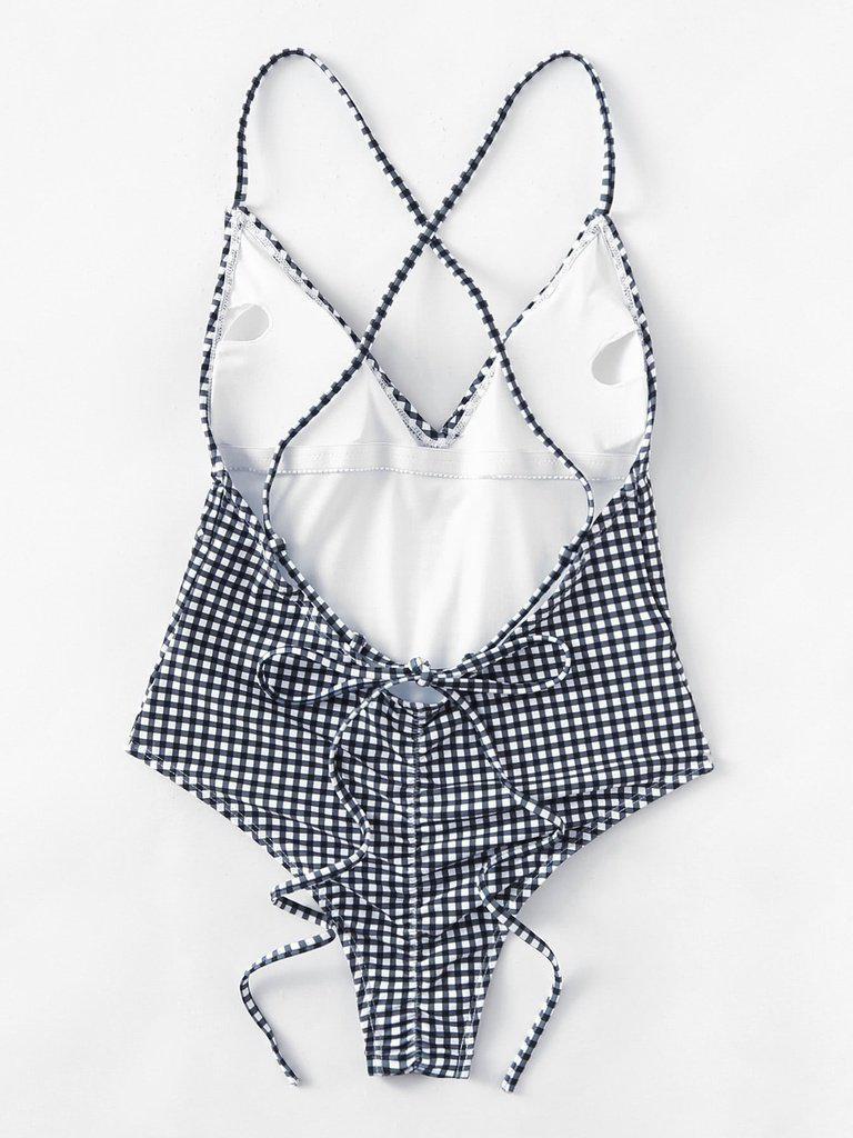 Cross Back Gingham Swimsuit-swimwear-Des Mess