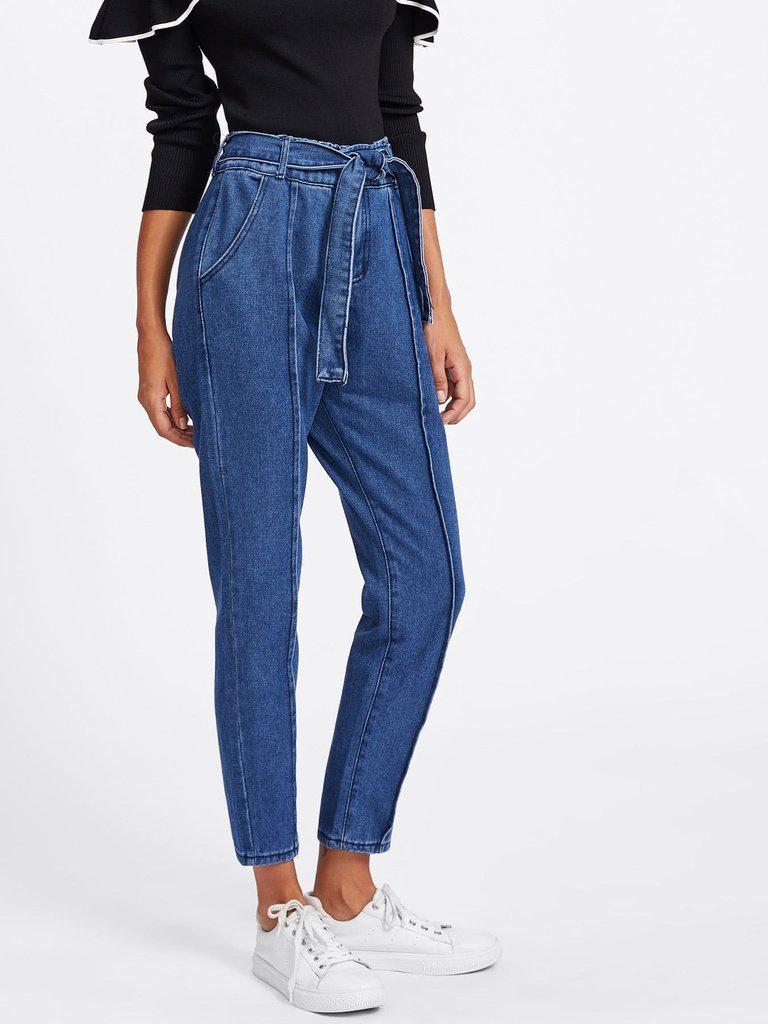 Tie Waist Seam Front Jeans-bottom-Des Mess