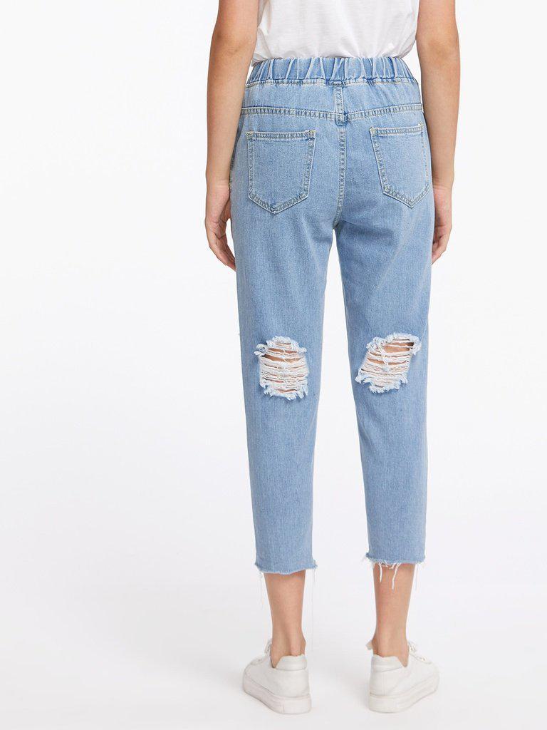 Destroyed Raw Hem Drawstring Waist Crop Jeans-bottom-Des Mess