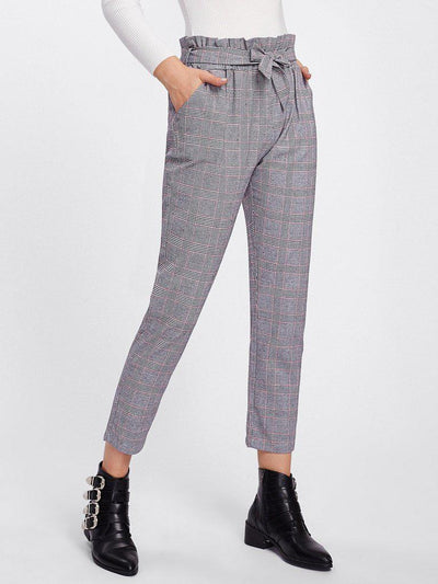 Tie Waist Glen Plaid Frill Pants-bottom-Des Mess