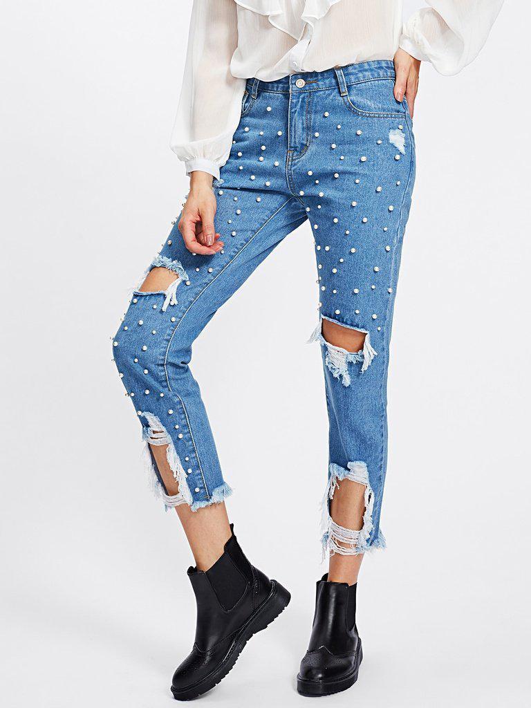 Pearl Beading Destroyed Jeans-bottom-Des Mess