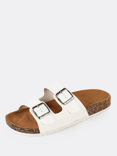 Double Buckle Cork Footbed Slide Sandal WHITE-shoes-Des Mess
