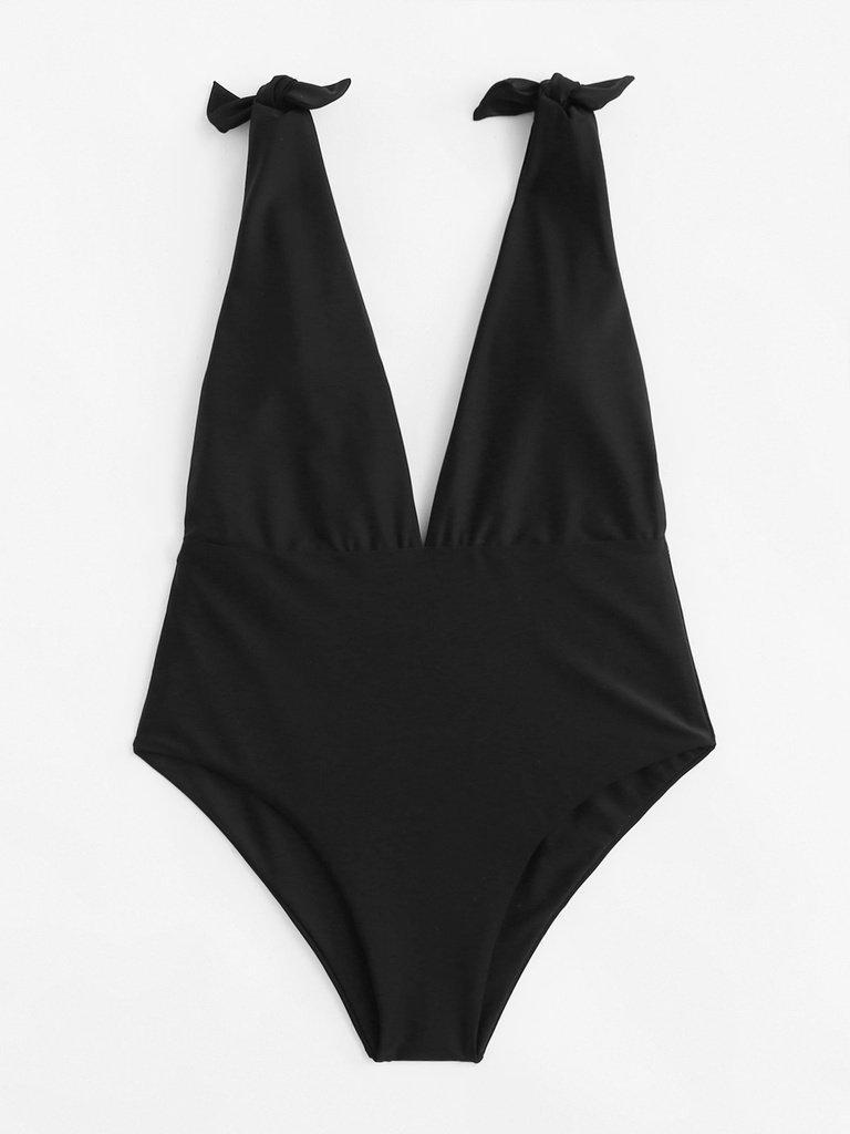 Knot Shoulder Plunging Neck Swimsuit-swimwear-Des Mess