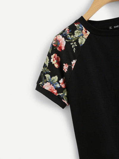 Contrast Raglan Sleeve Curved Hem Top & Floral Shorts PJ Set-loungewear-Des Mess