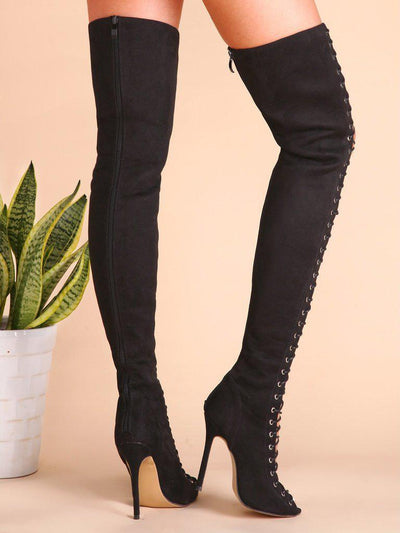 Black Sexy Criss Cross Lace Up Suede Thigh High Boots-shoes-Des Mess