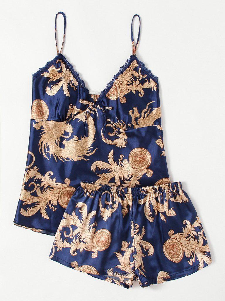 Graphic Print Satin Pajama Set-loungewear-Des Mess