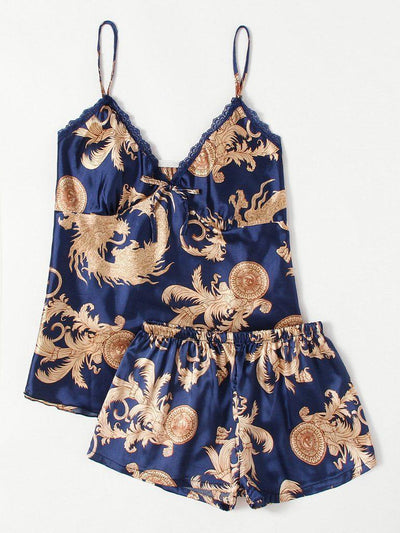 Graphic Print Satin Pajama Set-loungewear-Des Mess