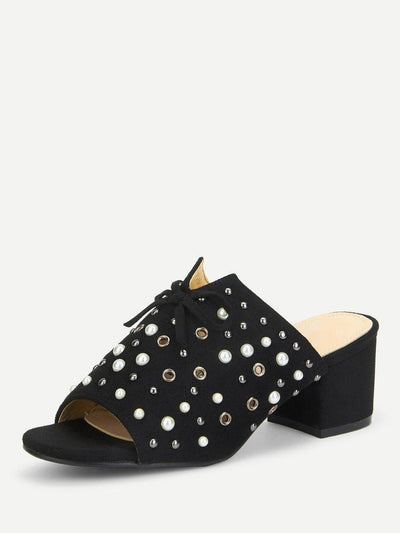 Faux Pearl Chunky Heeled Mules-shoes-Des Mess