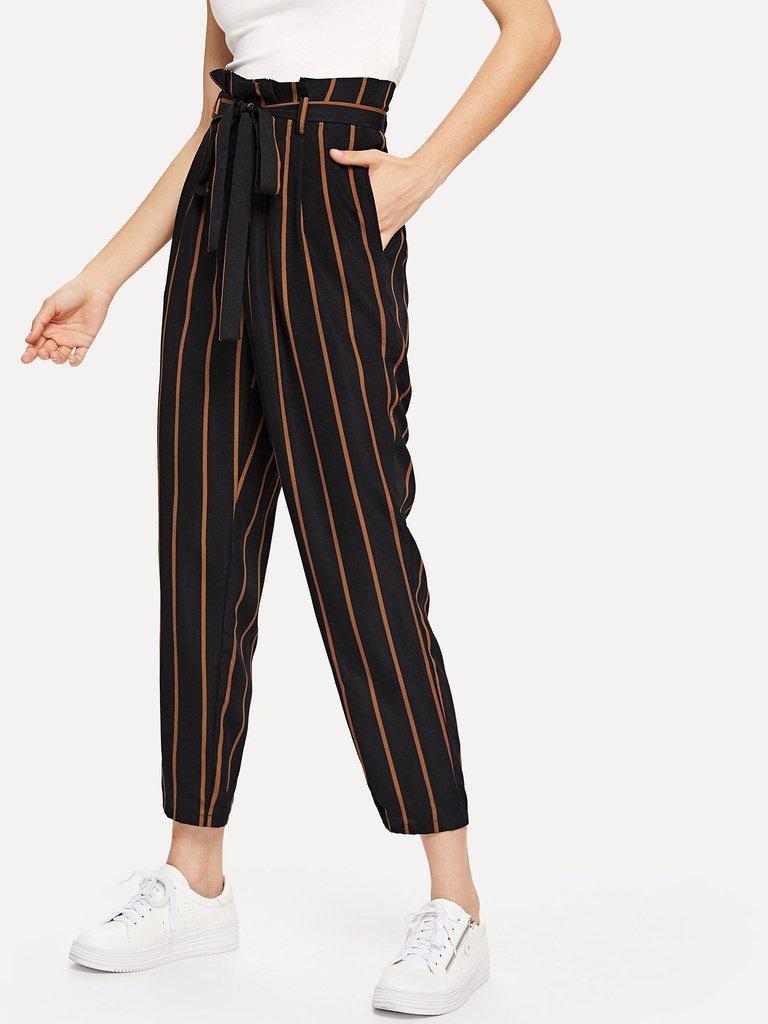 Self Belt Striped Pants-bottom-Des Mess