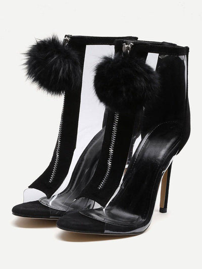 Pom Pom Front Zipper Design Stiletto Heels-shoes-Des Mess