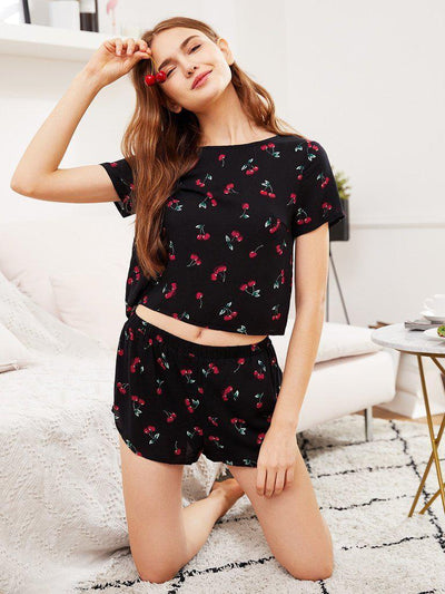 Cherry Print Top And Shorts Pajama Set-loungewear-Des Mess
