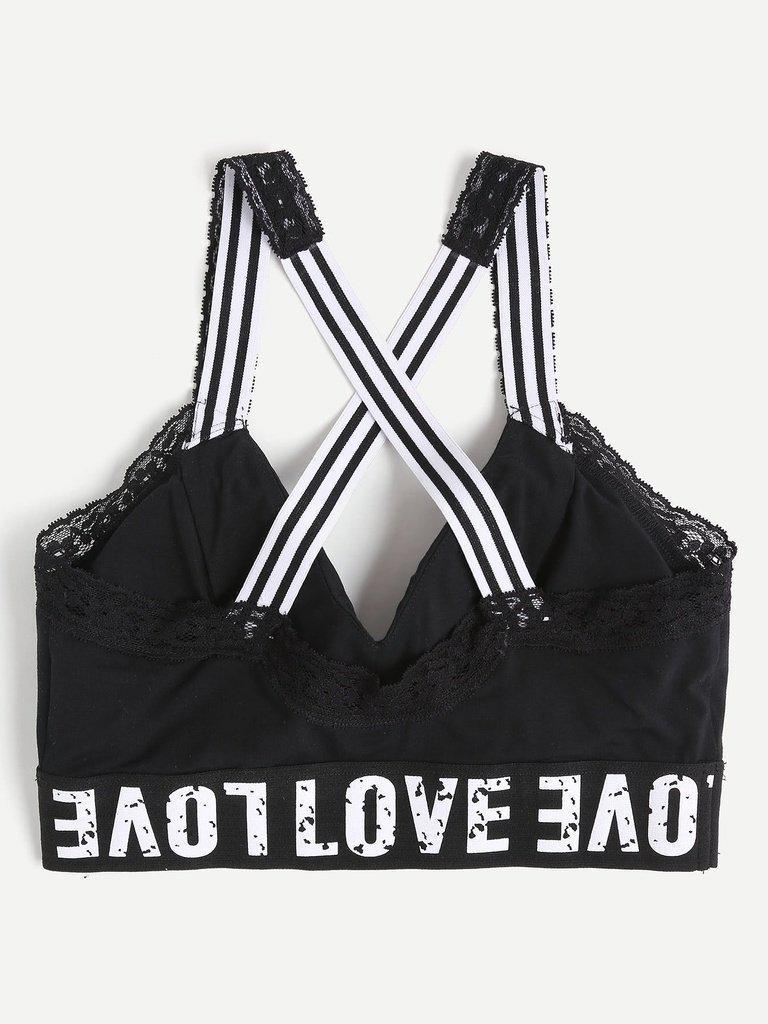 Print Wide Band Lace Trim Crisscross Sports Bra-sportswear-Des Mess