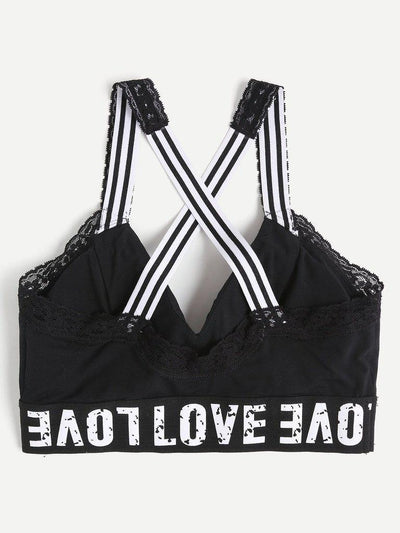 Print Wide Band Lace Trim Crisscross Sports Bra-sportswear-Des Mess